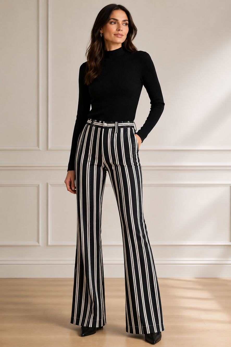 Altuzarra Size 8 Black Ivory Stripe Wool Blend Flare Pants Made Italy